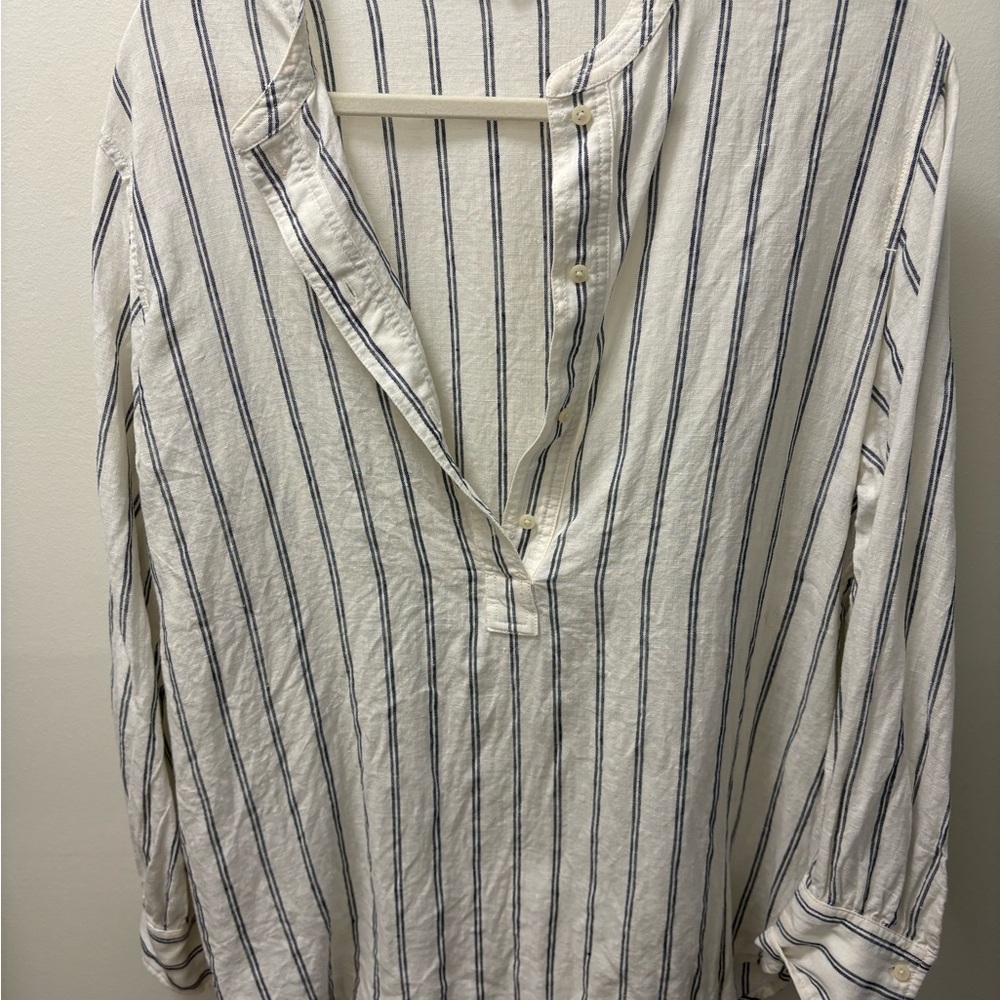 Everlane White and Navy Striped Linen Blend Button-Notch Tunic Blouse